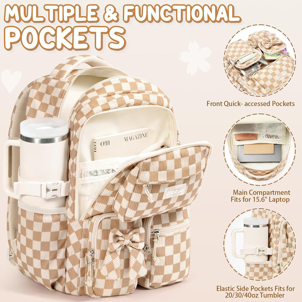 Fimibuke 3Pcs Corduroy Backpack For School Girls With Lunch Box Pencil Case | Lightweight Teen Girls Bow Backpack, Kids School Bag Bookbag For Elementary Middle High School Supplies Laptop Travel Daypack