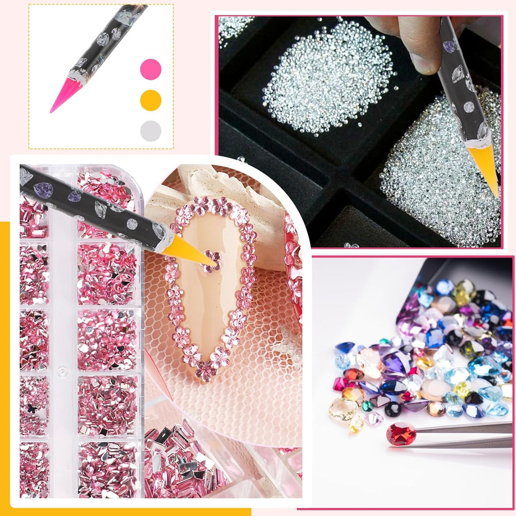 3 Pcs Rhinestone Picker, Self-Adhesive Wax Pencil Diamond Art Pen, Rhinestone Applicator, Gem Picker, Jewel Dotting Tools for Nail Art with Pencil Sharpener