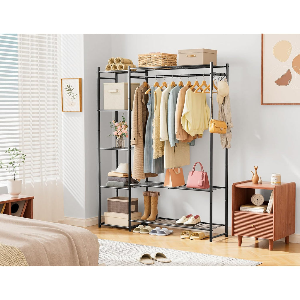 Wardrobe Closet,Portable Clothes Rack With 4 Tiers Shelves,Freestanding Closet Organizers And Storage System With Hanging Rods,Steel Clothing Rack Suitable For Cloakrooms,Bedrooms,Entrances,Etc.Black