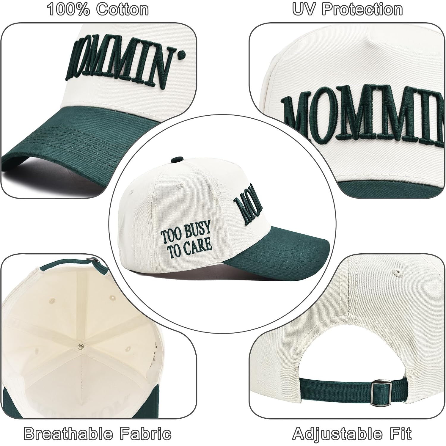 Women’s Mommin Trucker Hat – Vintage Two-Tone Ponytail Baseball Cap, Embroidered Adjustable Hat, Great Gift for Mom & Women Dark Green