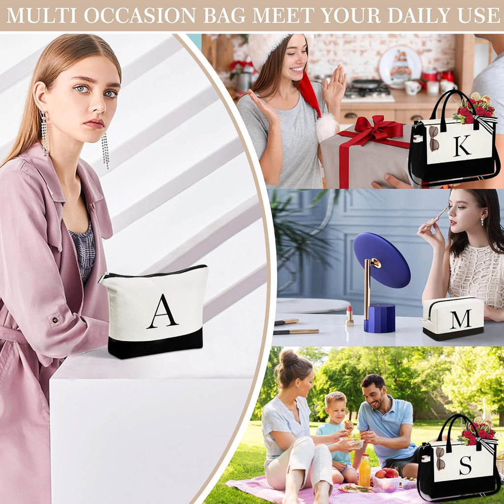 YOOLIFE Gifts for Women - Initial Canvas Tote Bag & Makeup Bag, Birthday Gifts for Women Mom Sister Friends