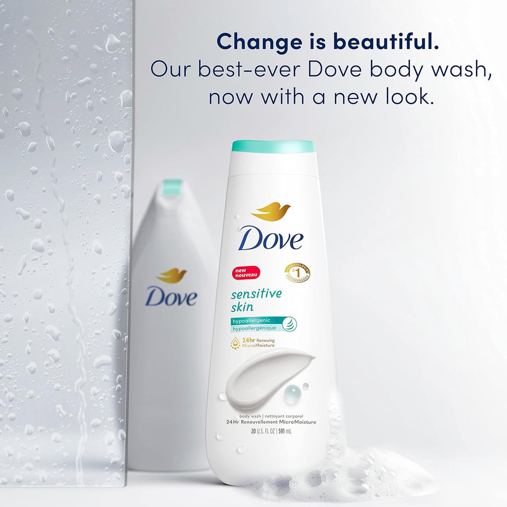 Dove Body Wash Sensitive Skin 4 Count Hypoallergenic, Paraben-Free, Sulfate-Free, Cruelty-Free, Moisturizing Skin Cleanser Effectively Washes Away Bacteria While Nourishing Skin 20 Oz