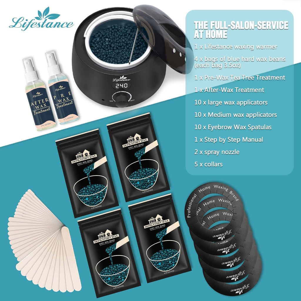Lifestance Waxing Kit for Women & Men - L2 Digital Wax Pot Warmer, Brazilian & Bikini Hair Removal Kit with 14.1oz Hard Wax Beads & 42 Accessories, Professional for Face, Leg, Eyebrow, Body at Home