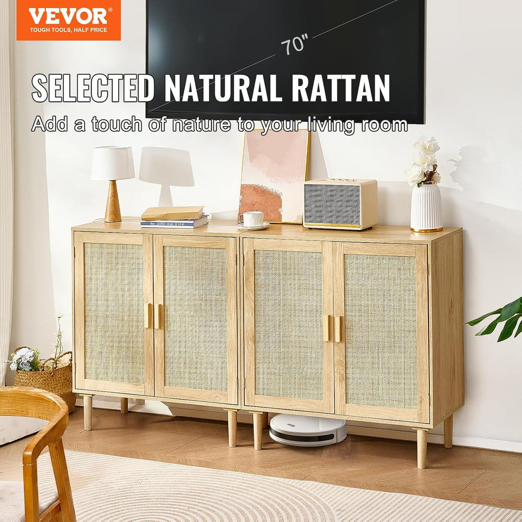 Vevor Rattan Buffet Cabinet With Storage, 4 Magnetic Doors And Adjustable Shelves, Sideboard For Hallway, Living Room, Kitchen, Natural