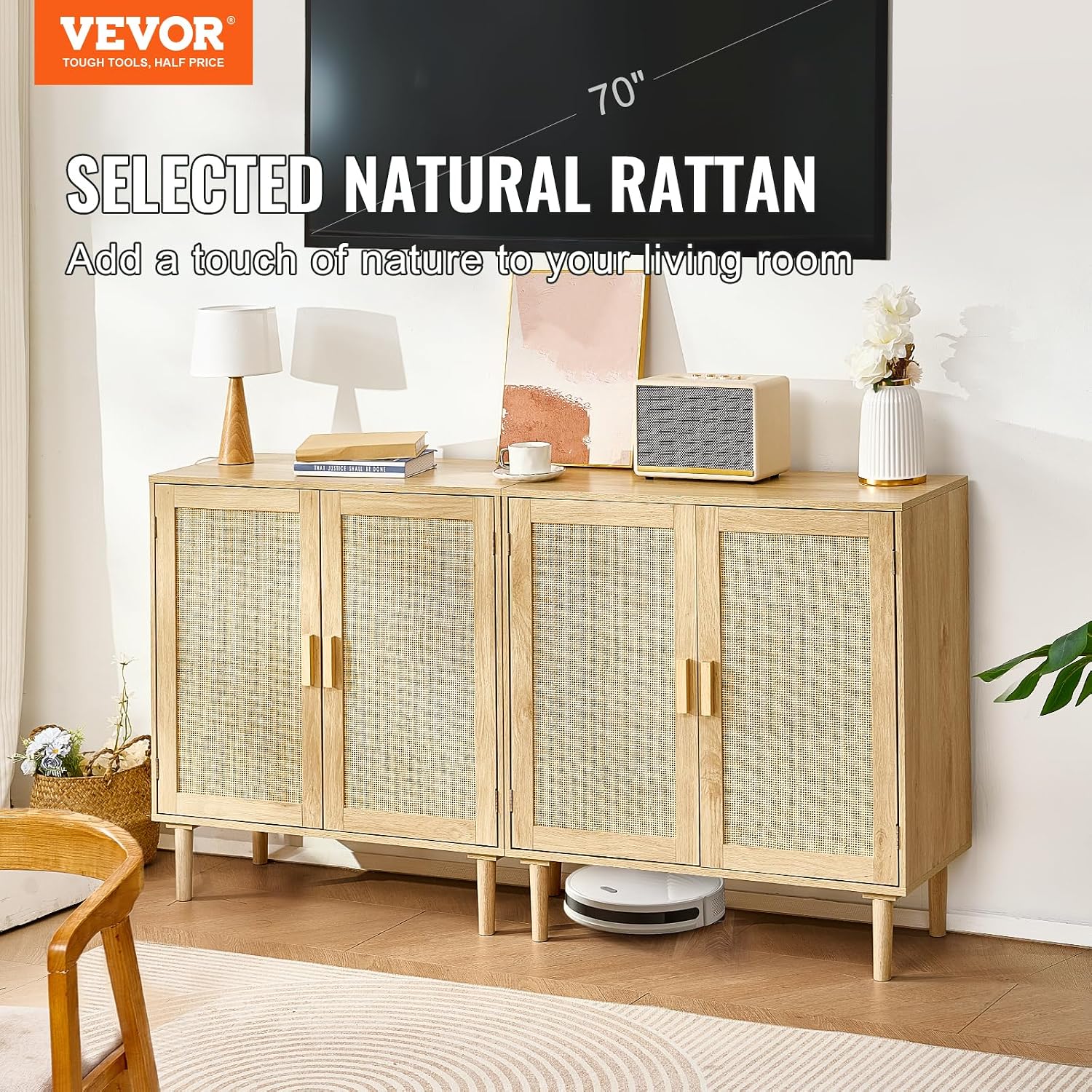Vevor Rattan Buffet Cabinet With Storage, 4 Magnetic Doors And Adjustable Shelves, Sideboard For Hallway, Living Room, Kitchen, Natural