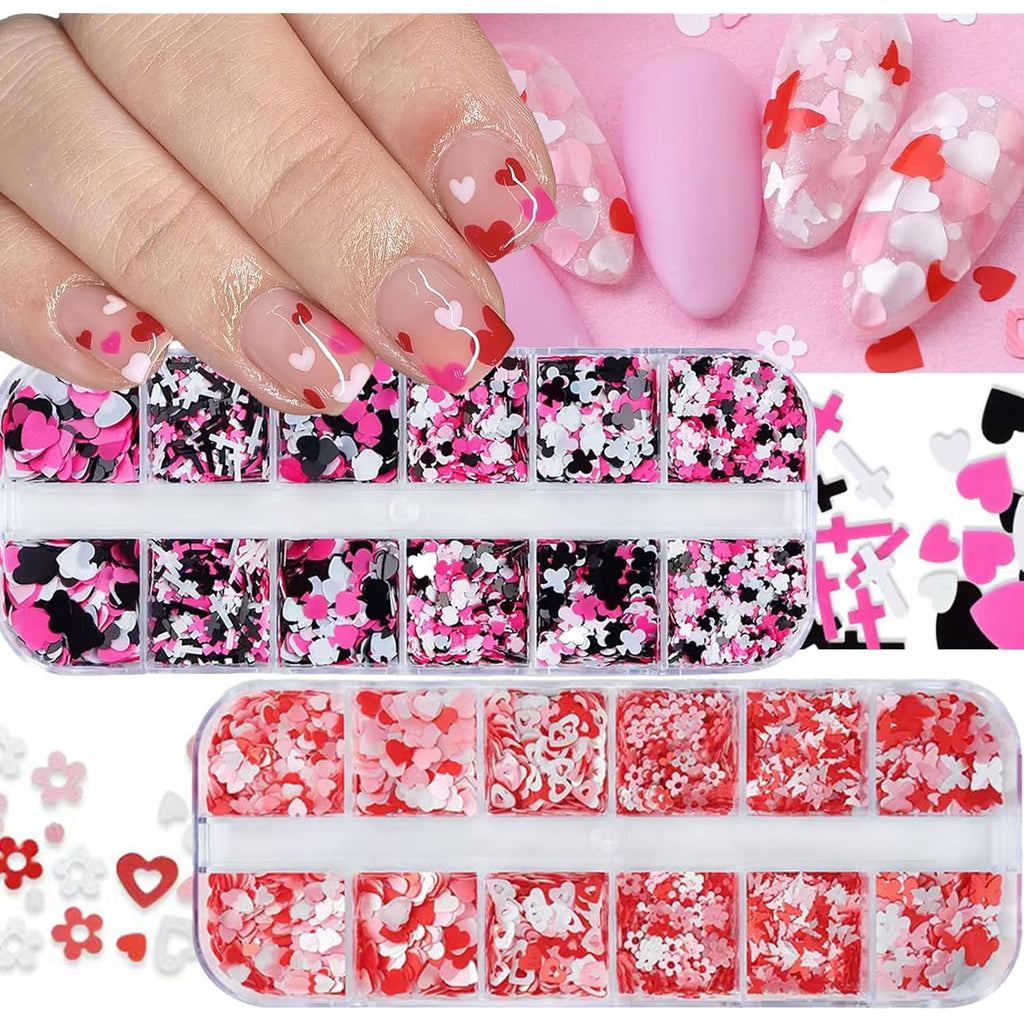 2 Box Pink Nail Art Glitter Valentine's Day Nail Sequins Flakes with Heart Star Design Manicure Fine Glitter Flower Nail Stickers Decals Supplies Nail Charms for Women DIY Nail Art Decorations