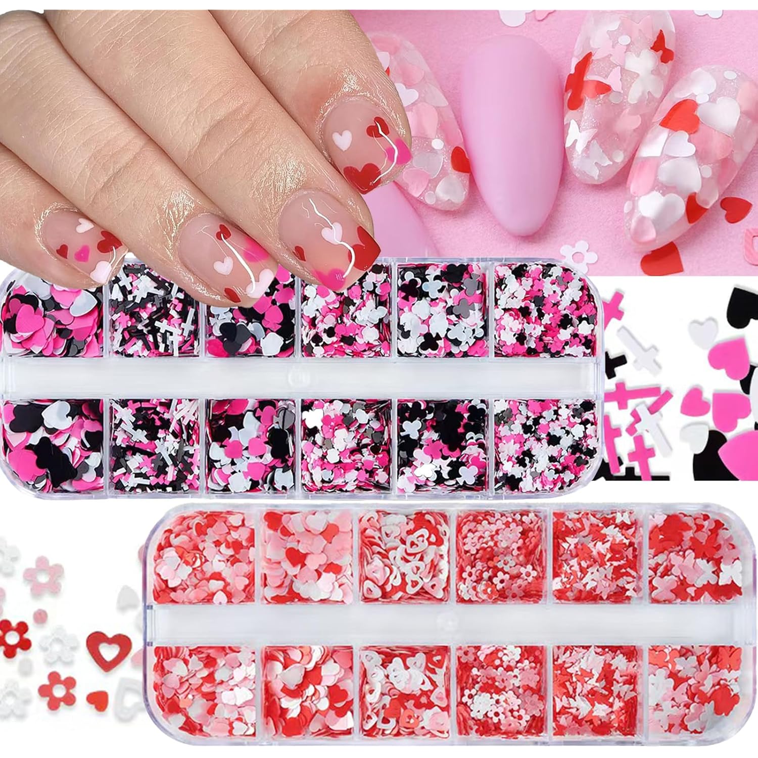 2 Box Pink Nail Art Glitter Valentine's Day Nail Sequins Flakes with Heart Star Design Manicure Fine Glitter Flower Nail Stickers Decals Supplies Nail Charms for Women DIY Nail Art Decorations