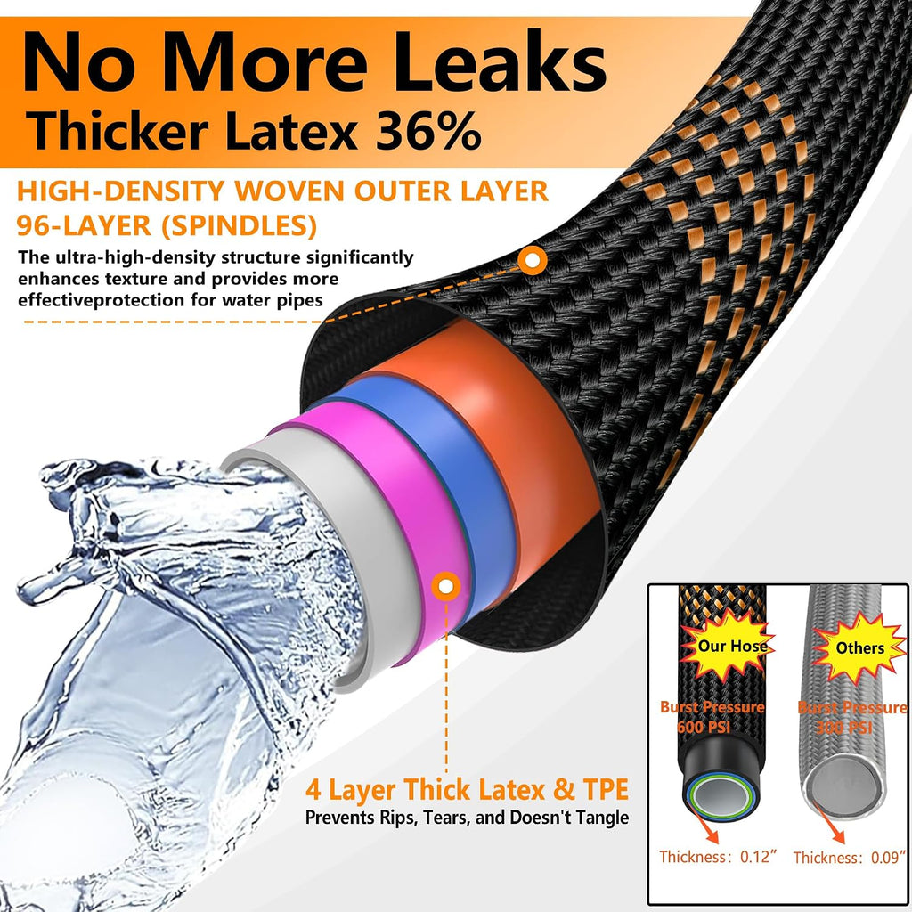 Flexible Garden Hose 100 Ft, Ultra Lightweight Water Hoses W/10 Function Sprayer And 3/4" Brass Fittings, Kink-Free, Sturdy, Abrasion Resistant For Yard, Lawn, Outdoor And Gardening(Black Orange)