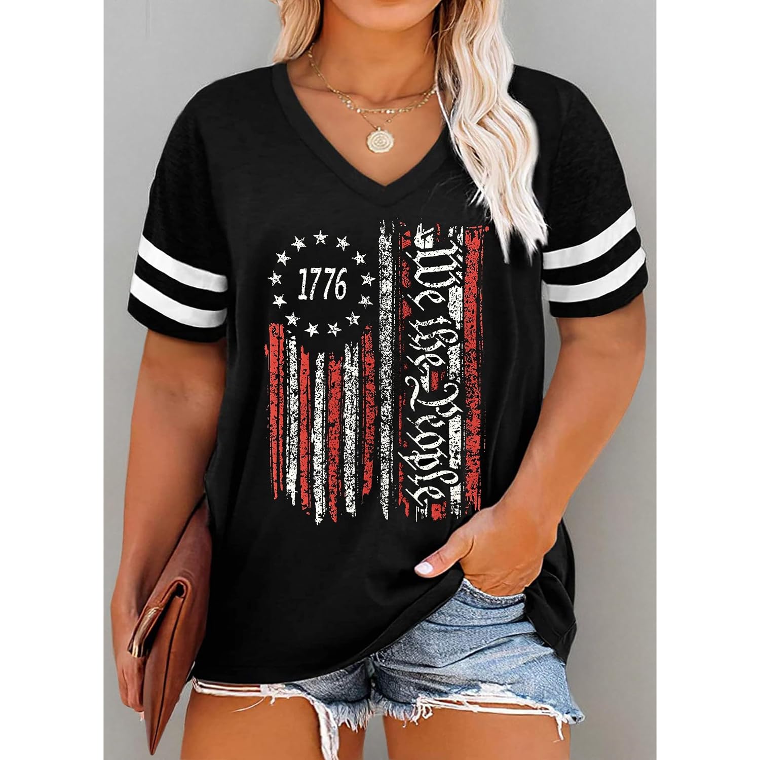 Plus Size Tops American Flag Shirts Womens V Neck Patriotic Tshirt USA Graphic Tee 4th of July T-Shirt