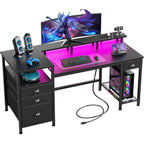 Furologee 60" Black Computer Desk With 4 Drawers And Printer Space, Gaming Desk With Led Lights And Usb Power Outlets, Home Office Desk With Fabric File Cabinet,Study Work Table With Shelf For Bedroom