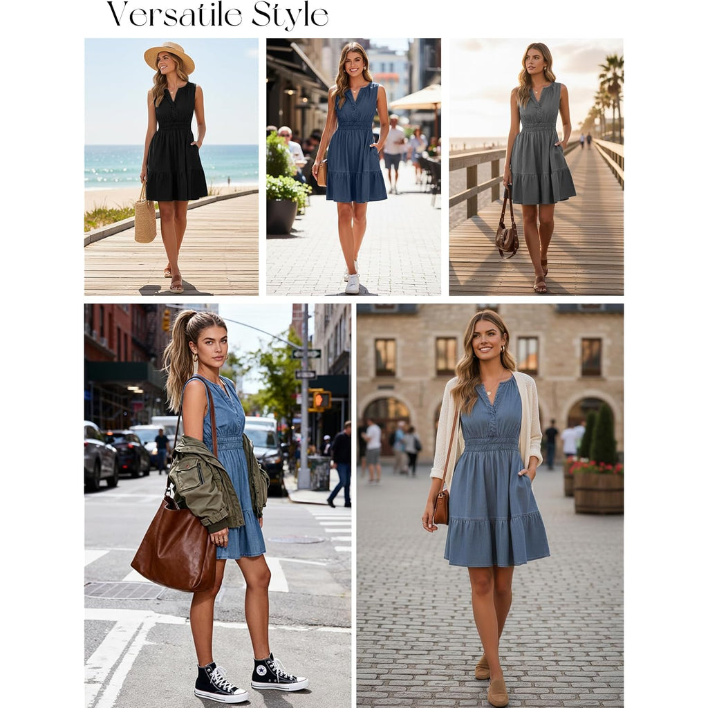 Berrygo Womens Denim Dress Sleeveless Summer Casual Jean Dress Tiered Cowgirl Country Mini Soft Light Chambray With Pockets