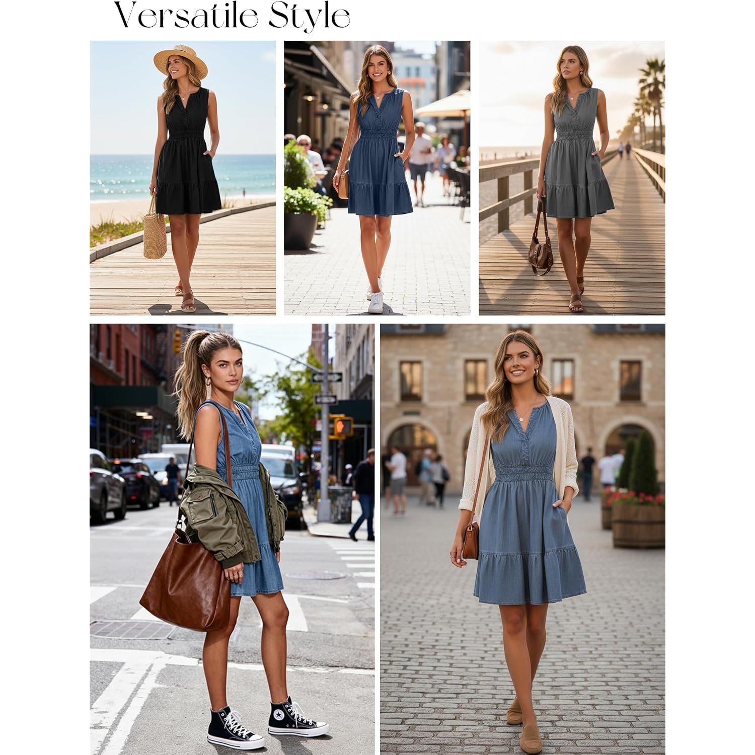 Berrygo Womens Denim Dress Sleeveless Summer Casual Jean Dress Tiered Cowgirl Country Mini Soft Light Chambray With Pockets