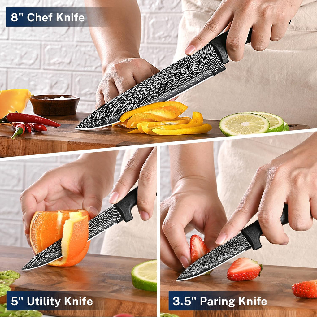 Gourmetop Kitchen Knife Set with Cover 3 Pcs, Black Chef Knife Set for Cooking, Sharp Kitchen Knives with Sheath, 8'' Chef Knife, 5'' Utility, 3.5'' Paring, Damascus Pattern Kitchen Knife for Cutting