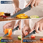 Gourmetop Kitchen Knife Set with Cover 3 Pcs, Black Chef Knife Set for Cooking, Sharp Kitchen Knives with Sheath, 8'' Chef Knife, 5'' Utility, 3.5'' Paring, Damascus Pattern Kitchen Knife for Cutting