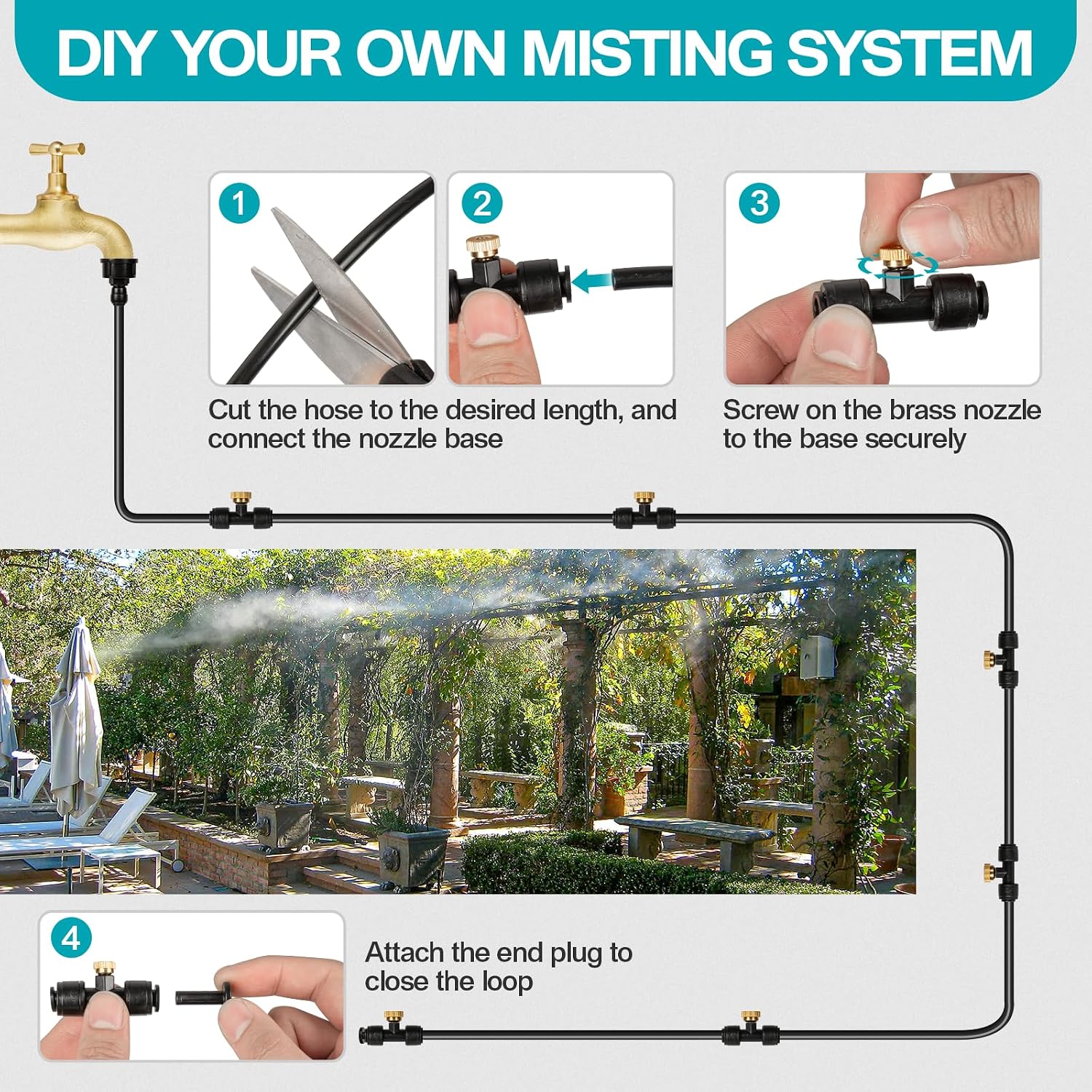 Onbrand 100Ft Misters For Outside Patio With 3/4" Adapter And 2 T-Joints | Misting System, Patio Water Misters For Cooling Outdoor, With 30 Brass Nozzles And Filter, For Greenhouse Trampoline Coop Bbq