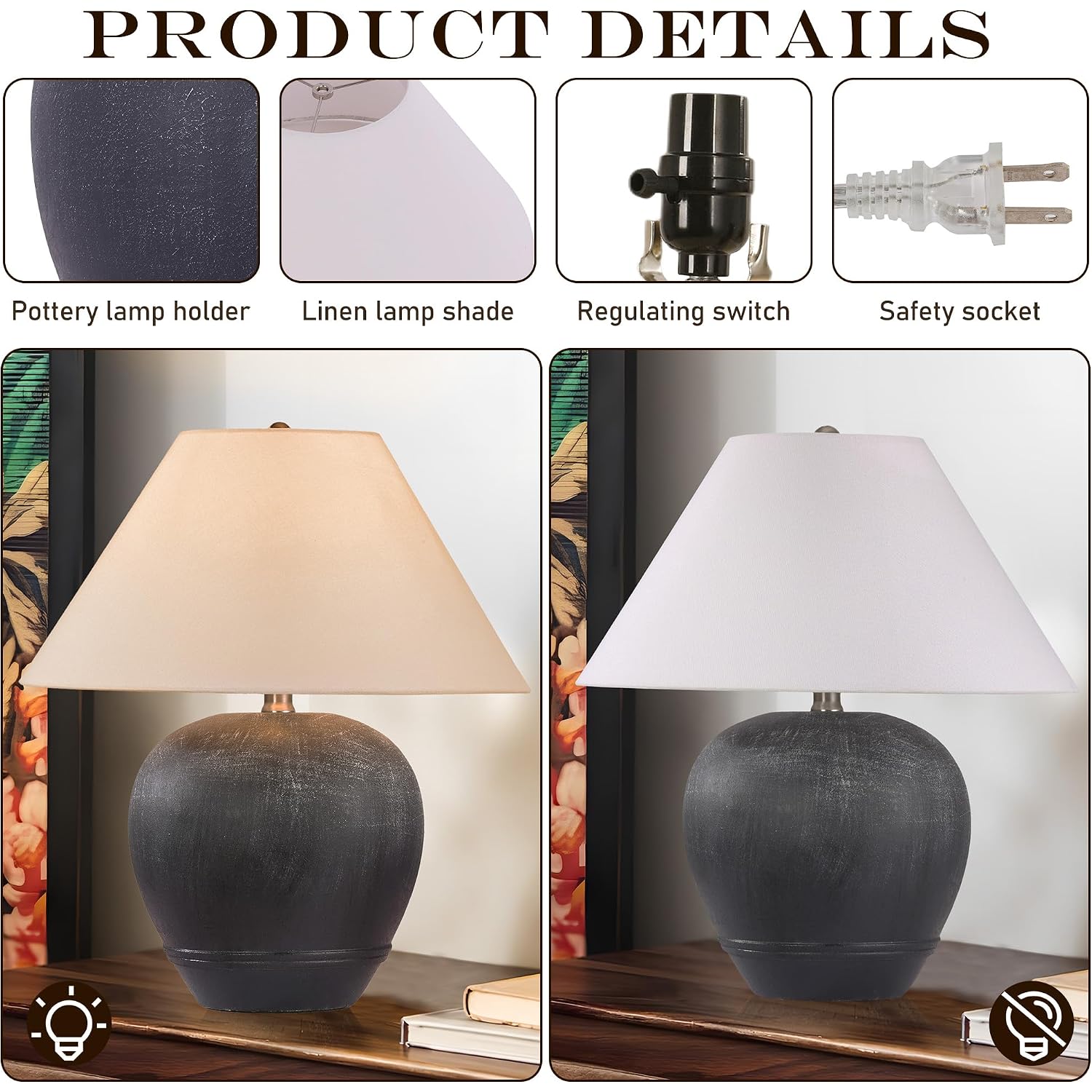 21'' Large Gray Base Ceramic Basin Table Lamp Set Of 2 For Bedroom, Living Room, Dining Room, Office, White Shade,White Smudged Black Base