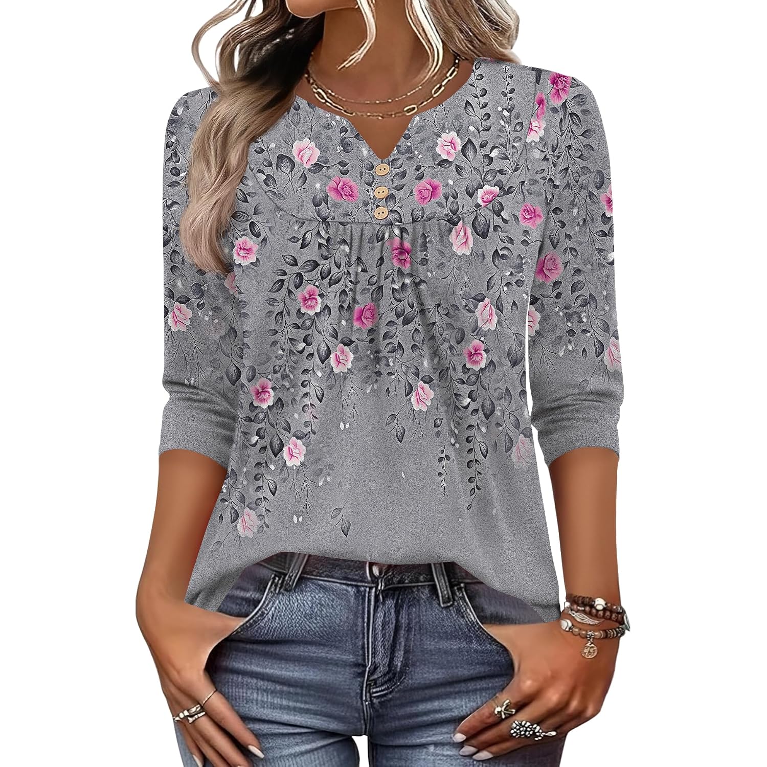 Lomon 3/4 Length Sleeve Womens Tops Dressy Casual Henley V Neck Blouses Loose Fit Tunics 2026 Trendy Summer Outfits