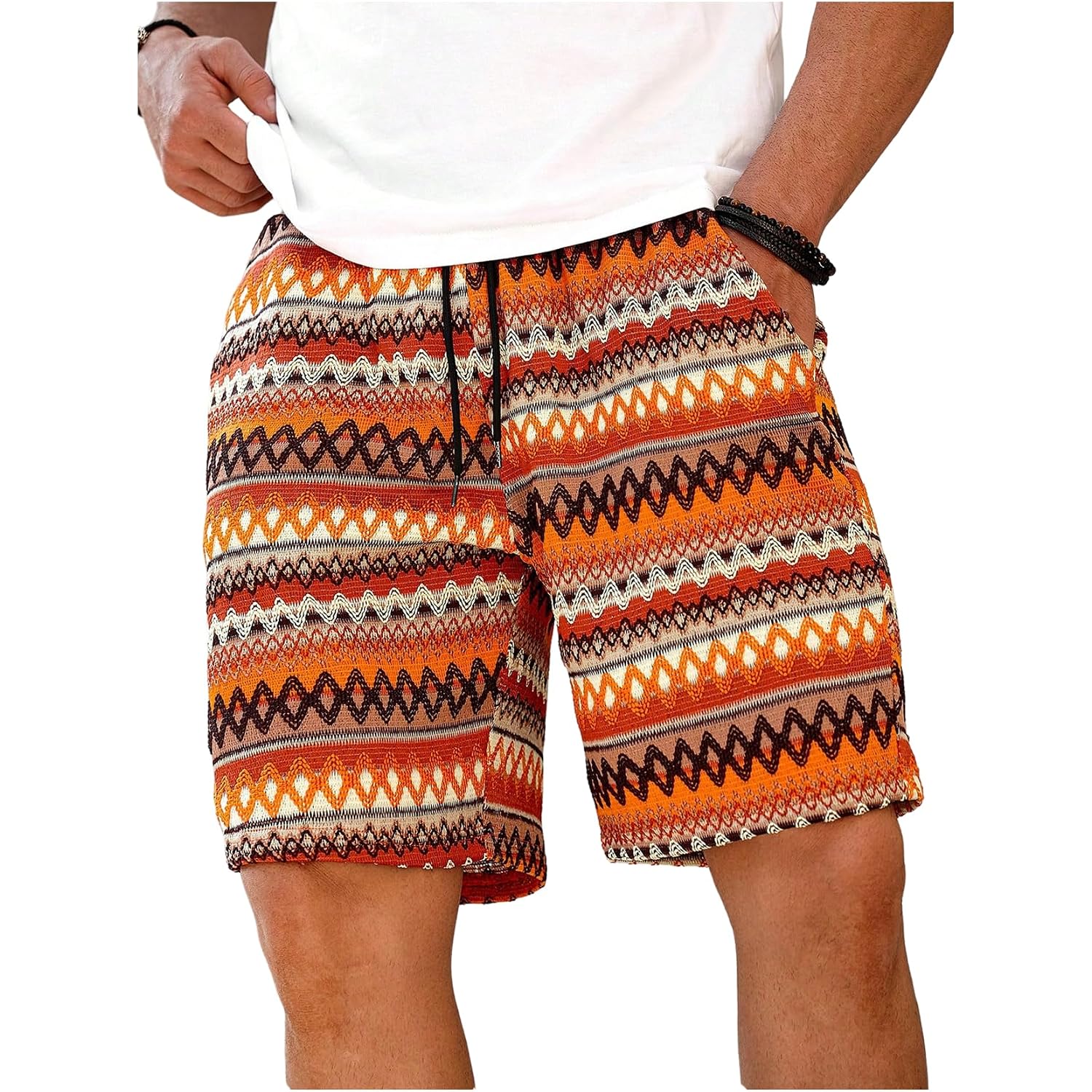 Wdirara Men'S Geometric Print Drawstring Waist Bermuda Shorts Boho Summer Beach Shorts With Pockets