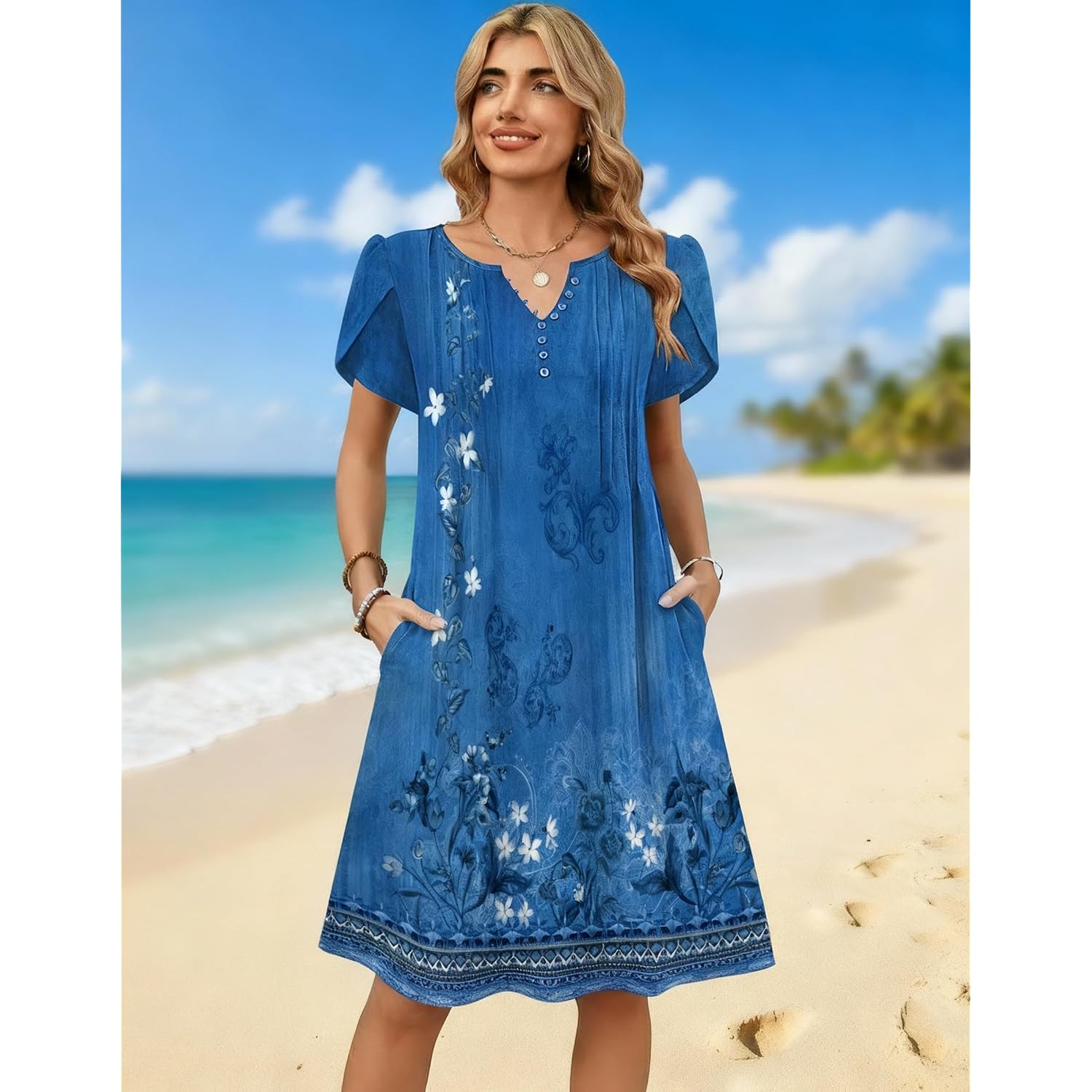 Zeagoo Women'S Casual Dresses With Pockets Summer Floral V-Neck A-Line Tshirt Dress Short Sleeve Mini Dress Beach Sundress
