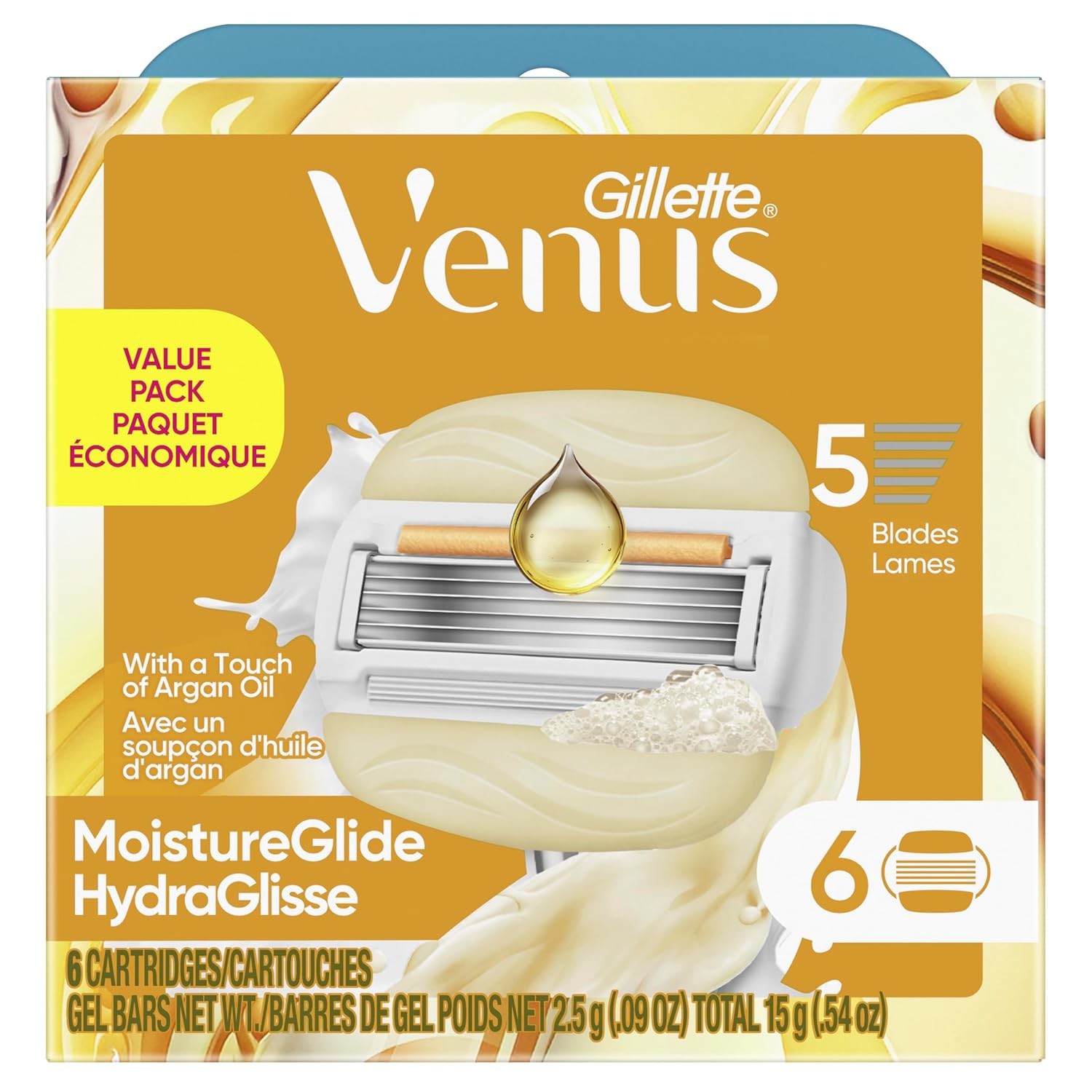 Venus MoistureGlide Women's Razor Blades, With Built-in Shave Gel Bars, 6 Razor Blade Refills