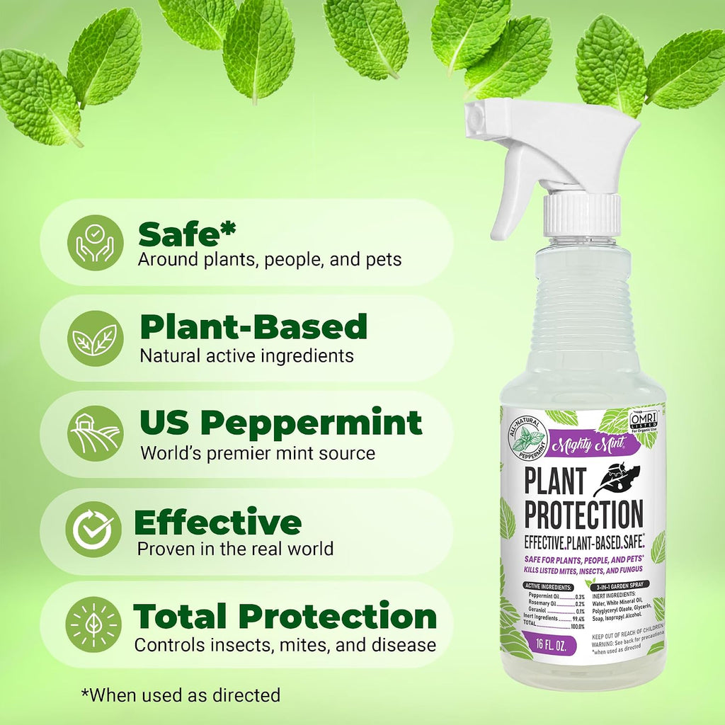 Mighty Mint Peppermint Oil Plant Protection Spray – Insect & Pest Control For Gnats, Spider Mites & Aphids – Plant-Based, Easy-To-Use - 16 Oz