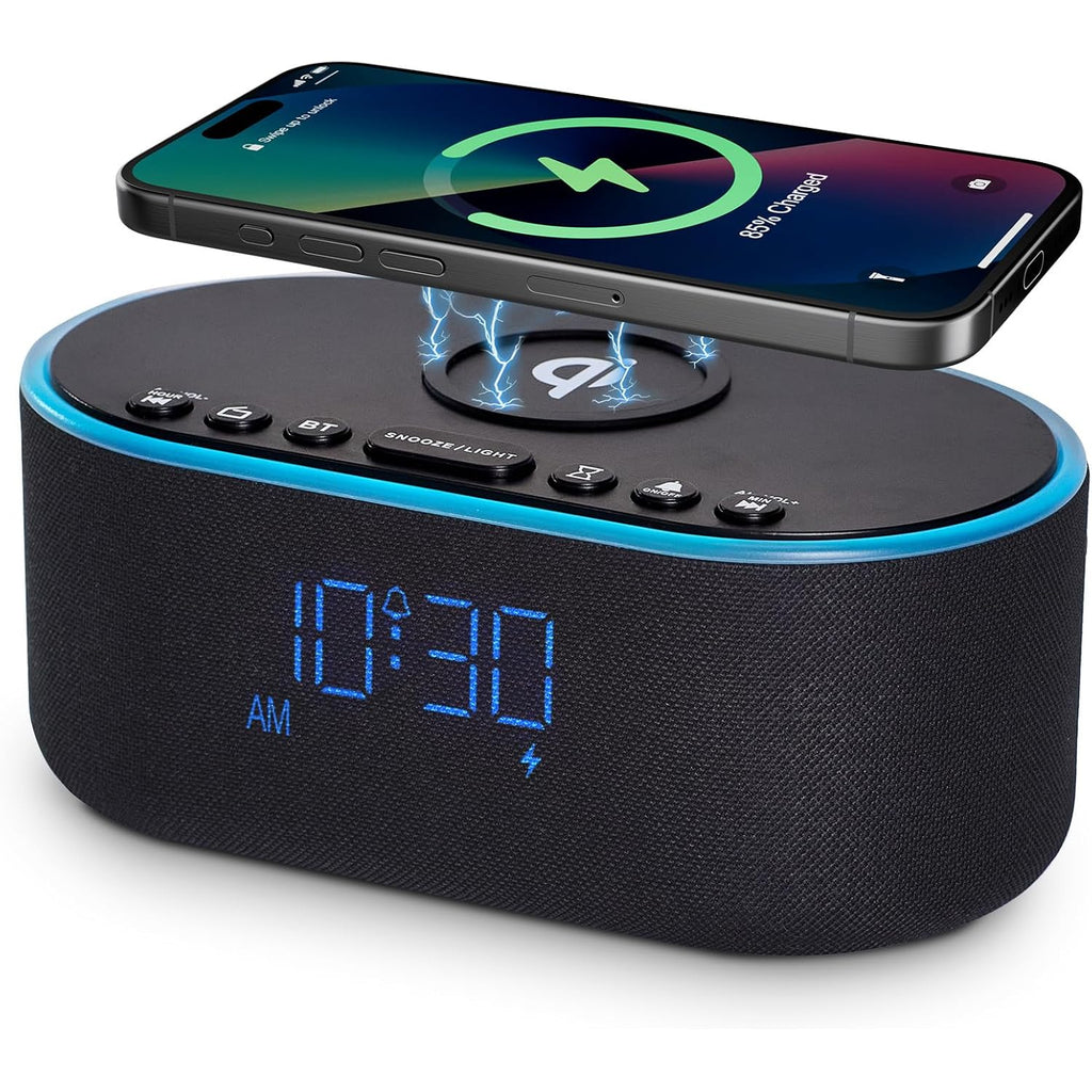 Odokee Wireless Charging Alarm Clock Radio: Qi Certified Fast Wireless Charger For Iphone Samsung - 10W Stereo Bluetooth Speaker - Dimmable Digital Clock With Fm Radio For Bedroom Black