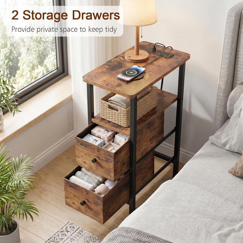 Narrow Nightstand With Charging Station, End Tables Living Room Set Of 2, Skinny Side Table With Fabric Drawers, Slim Sofa Table For Bedroom, Small Spaces, Couch, Rustic Brown, Hetndp02Pbr