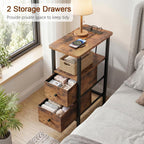 Narrow Nightstand With Charging Station, End Tables Living Room Set Of 2, Skinny Side Table With Fabric Drawers, Slim Sofa Table For Bedroom, Small Spaces, Couch, Rustic Brown, Hetndp02Pbr