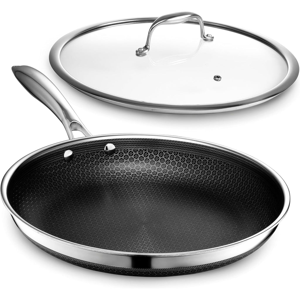 HexClad Hybrid Nonstick 12-Inch Frying Pan with Tempered Glass Lid, Stay-Cool Handle, Dishwasher-Friendly, Oven-Safe Up to 900°F, Induction Ready, Compatible with All Cooktops