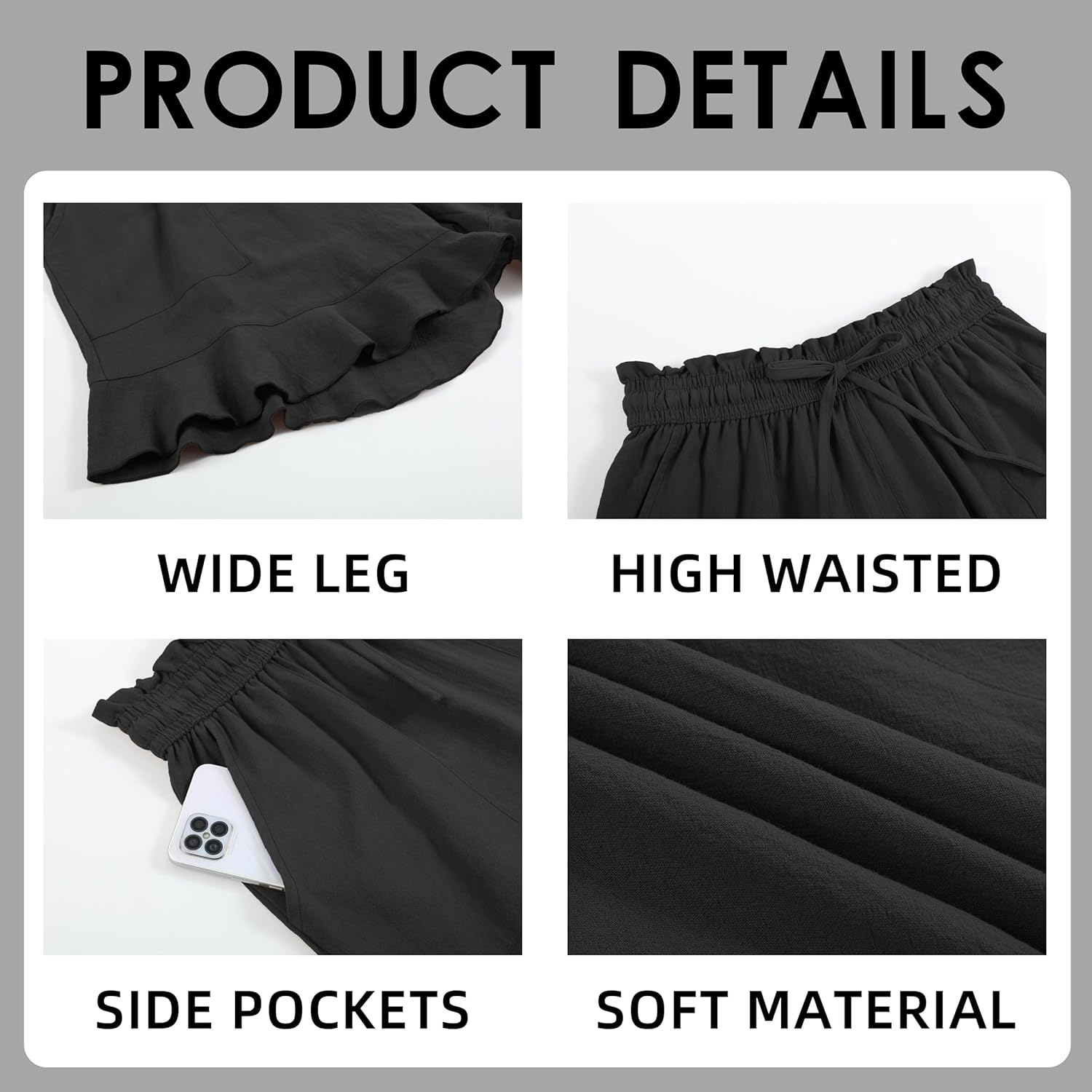 Linen Shorts for Women High Waisted Wide Leg Drawstring Ruffle Summer Beach Casual Loose Flowy Shorts with Pockets