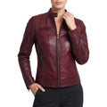 Women’S Real Lambskin Leather Jacket - Moto Cafe Racer Jacket With Zip Pockets & Snap Collar