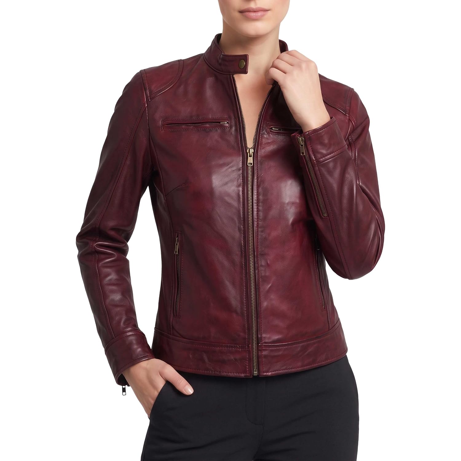 Women’S Real Lambskin Leather Jacket - Moto Cafe Racer Jacket With Zip Pockets & Snap Collar