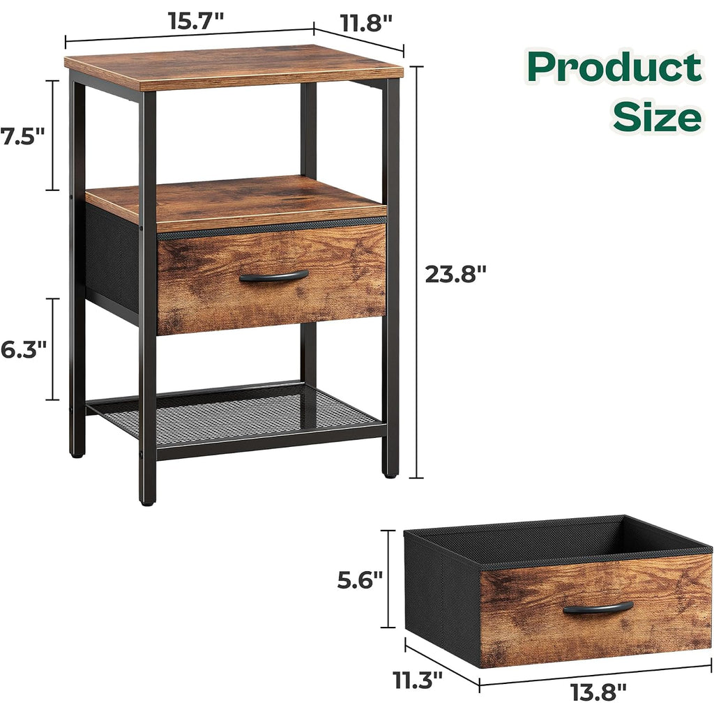 Huuger Nightstand Set Of 2, Night Stand With Fabric Drawer, Mesh Shelf, Side Table With Storage, Fabric Drawer Dresser, Open Shelf, Metal Frame, Bedroom, Rustic Brown