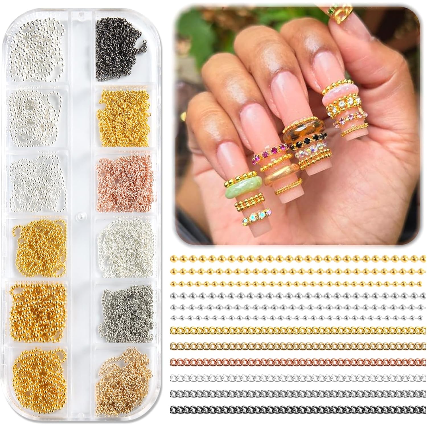 12 Strips Metal Chain Nail Art Charms, 3D Gold Silver Dark Gray Nail Chains Punk Alloy Nail Rivets Jewelry for Women Gothic Manicure Accessories DIY Crafts Decorations