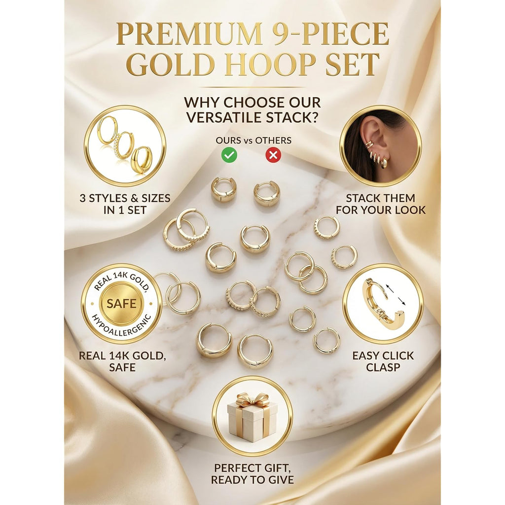 9 Pairs Gold Huggie Hoop Earrings Sets for Women, 14K Gold Plated Small Hoop Earring Sets for Multiple Piercing, Hypoallergenic Thick Lightweight Earring for Womens Jewelry Gifts