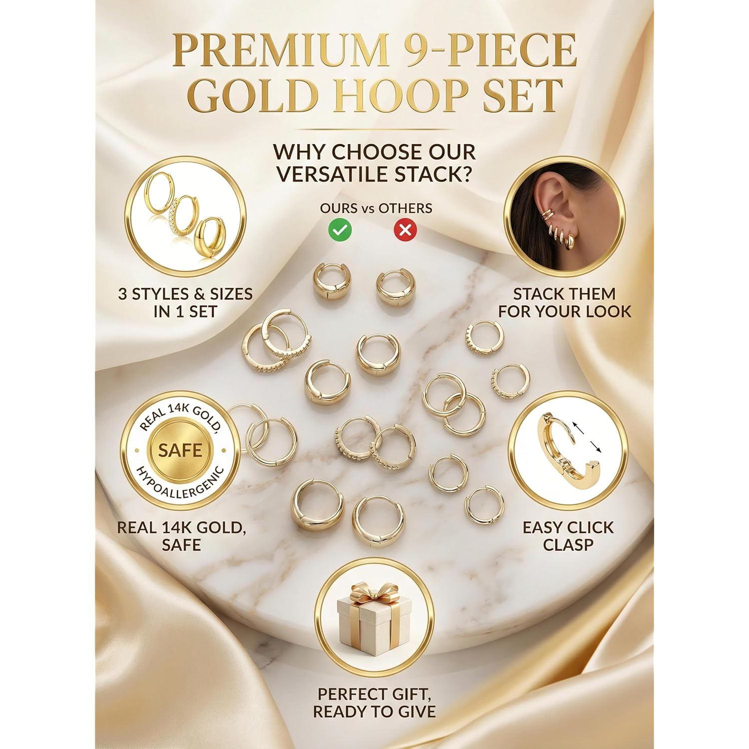 9 Pairs Gold Huggie Hoop Earrings Sets for Women, 14K Gold Plated Small Hoop Earring Sets for Multiple Piercing, Hypoallergenic Thick Lightweight Earring for Womens Jewelry Gifts
