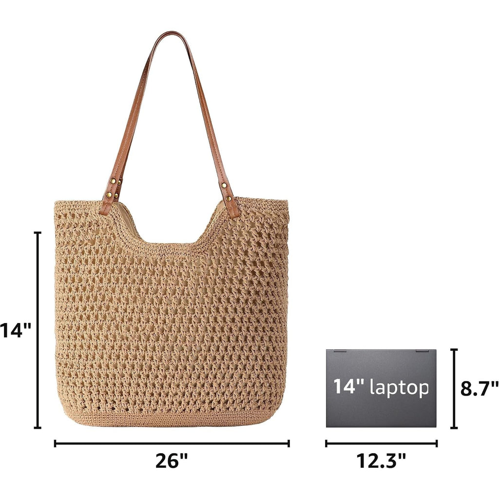 Pleneal Crochet Beach Bag, Summer Woven Tote Bag With Lining, Soft Purse Shoulder Bags For Vacation