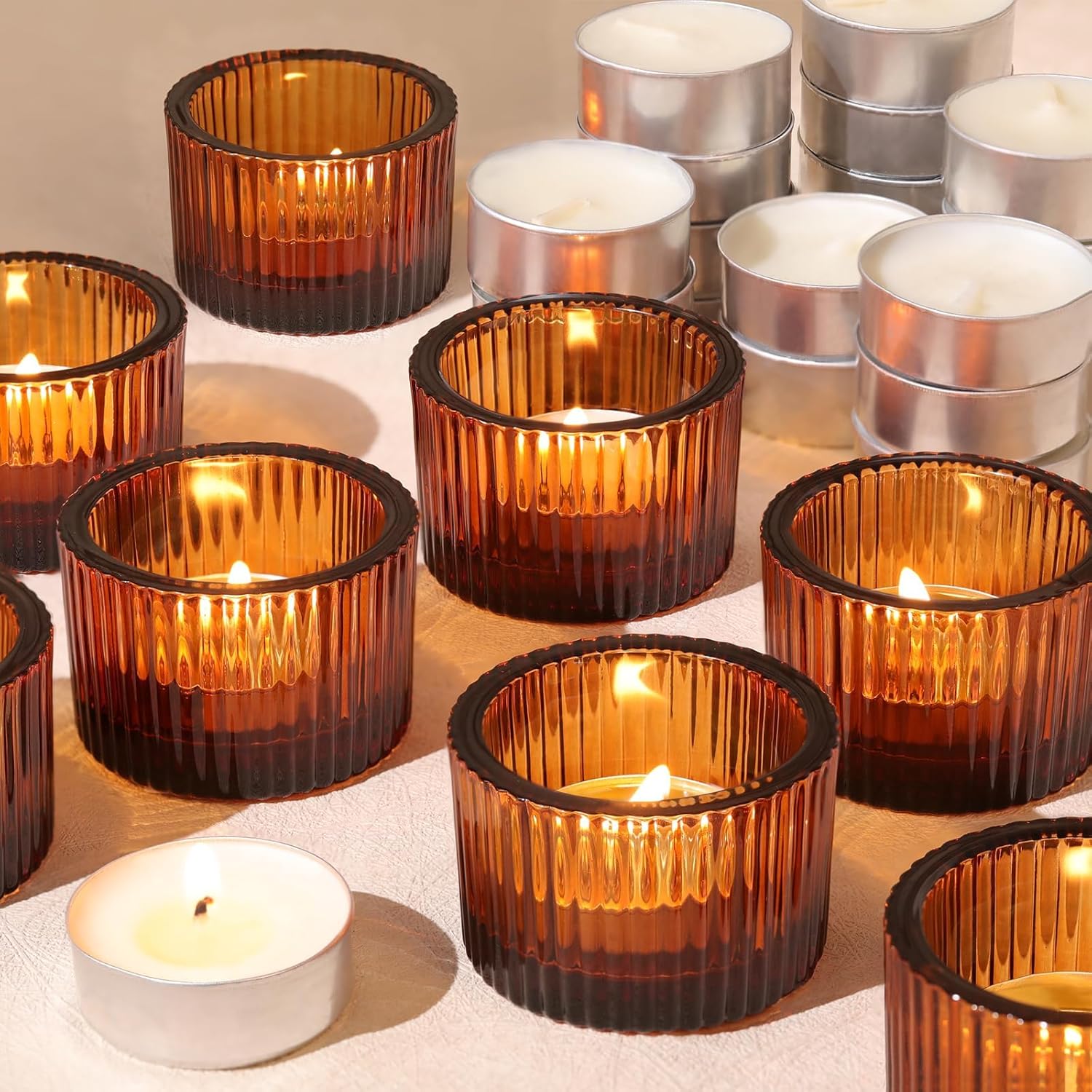 HAVITI 18 Pcs Amber Tealight Candle Holders with 18PCS Tealights, Glass Votive Candle Holders Set for Table Centerpiece, Home Decor and Party Supplies