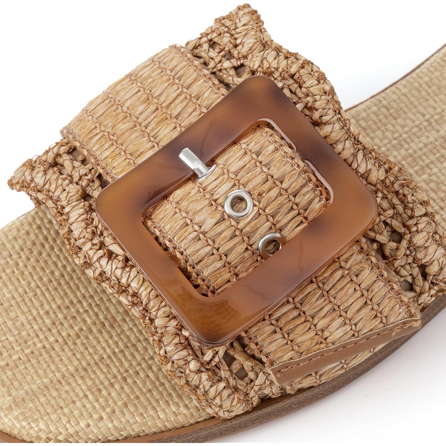 Rihero Women'S Raffia Flat Sandals Square Open Toe Summer Beach Slip On Woven Buckle Slide Sandals