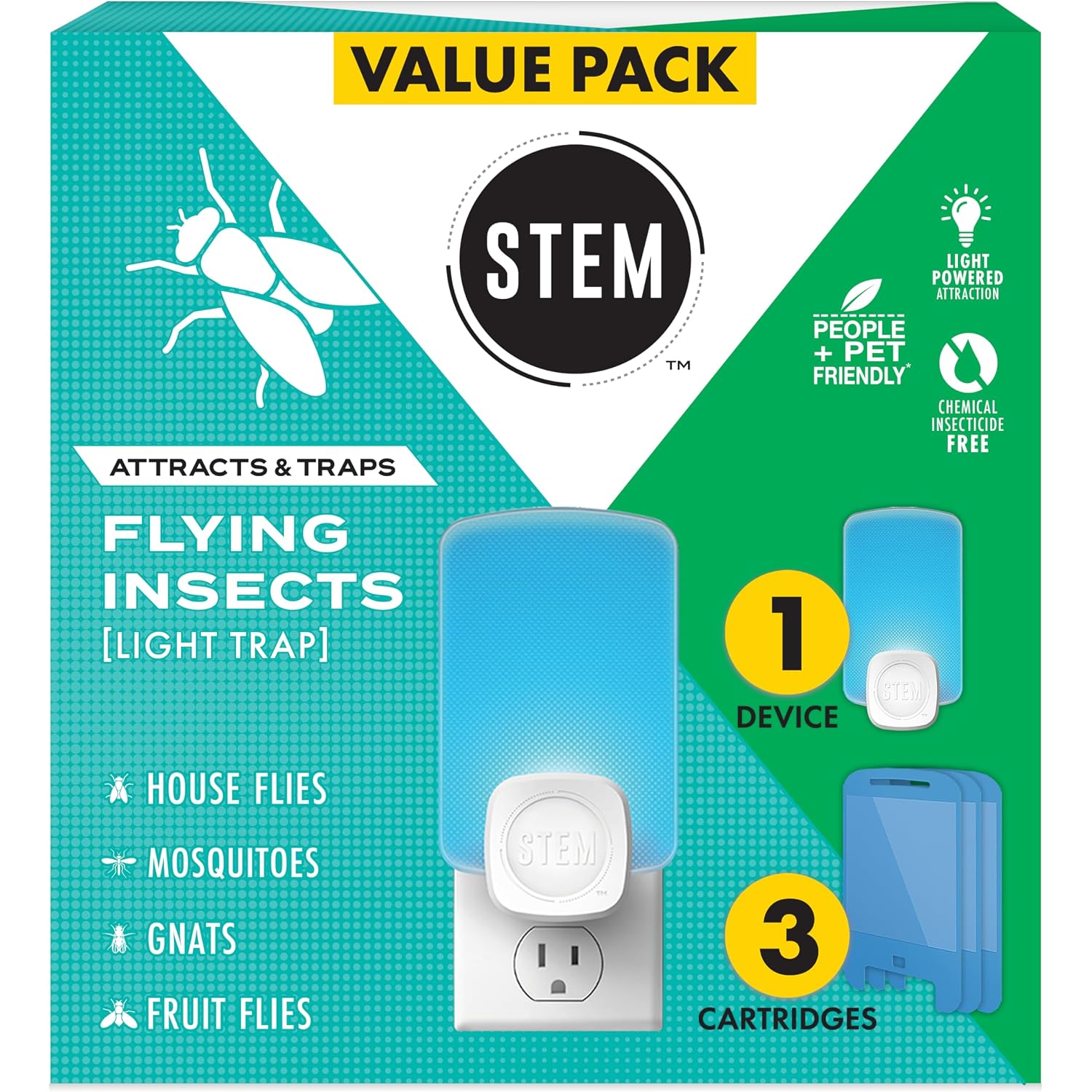 Stem Insect Trap - Indoor Fruit Fly & Gnat Pest Control For House, Home And Kitchen, Attracts & Traps Flying Bugs, Soft Blue Light - Includes 1 Plug-In Device & 3 Cartridges