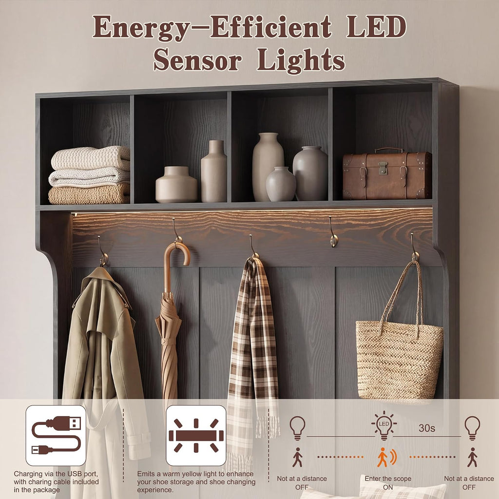 Hall Tree With Bench And Shoe Storage, 5-In-1 Entryway Coat Rack With Led Sensor Light, Hooks And Storage Cubes, Shoe Cabinet With Fluted Door, Modern Hall Tree For Entryway, Living Room