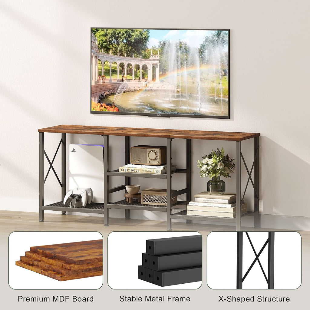 Tv Stand For 55 Inch Tv, Entertainment Center With 3-Tier Open Shelves, Tv Console Table For Living Room, Bedroom, Rustic Brown