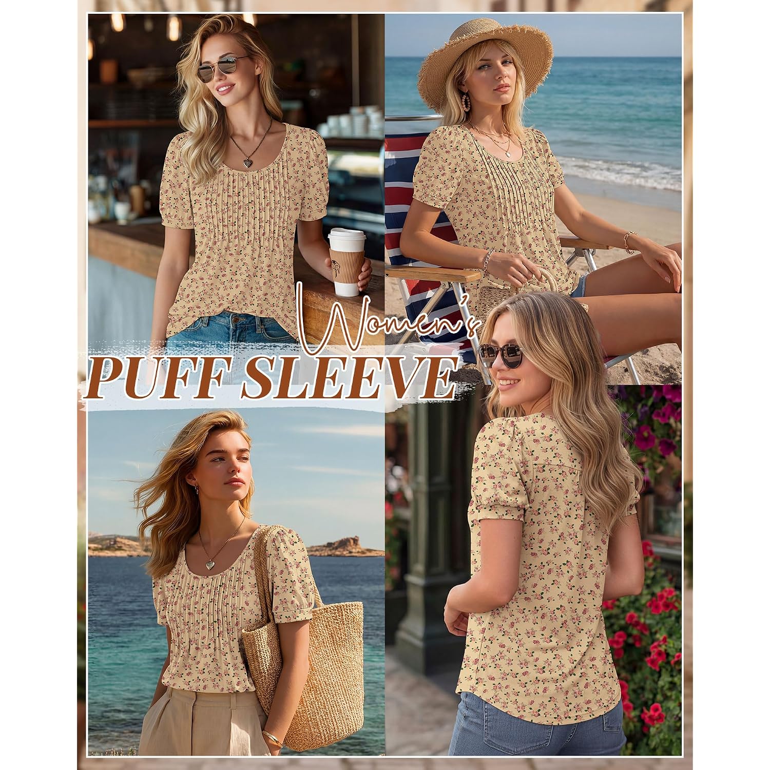 Ficerd Women's Puff Short Sleeve Boho Tunic Tops Pleated Crew Neck Summer Blouses Dressy Casual Loose T Shirts
