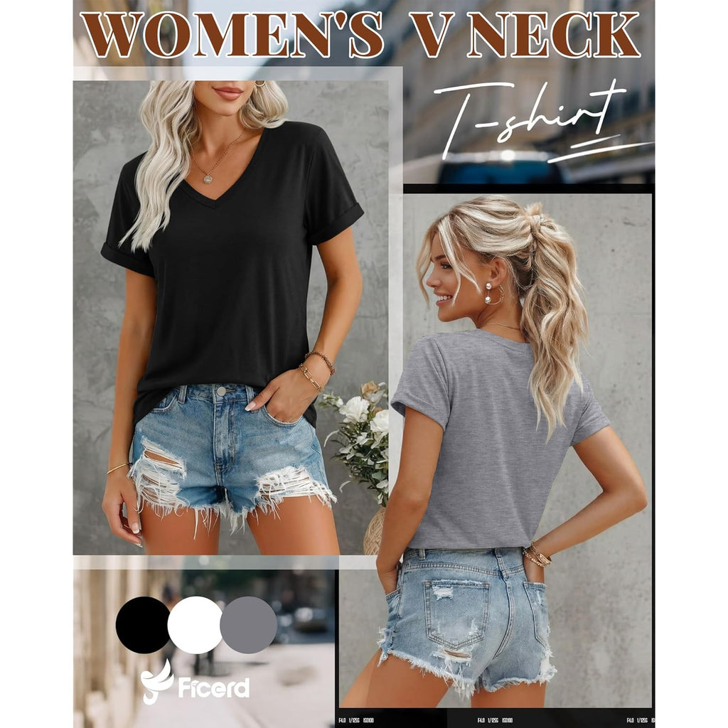 3 Pack Women's V Neck T Shirts, Summer Casual Short Sleeve Tops Loose Fit Rolled Sleeve Tees Trendy Shirts
