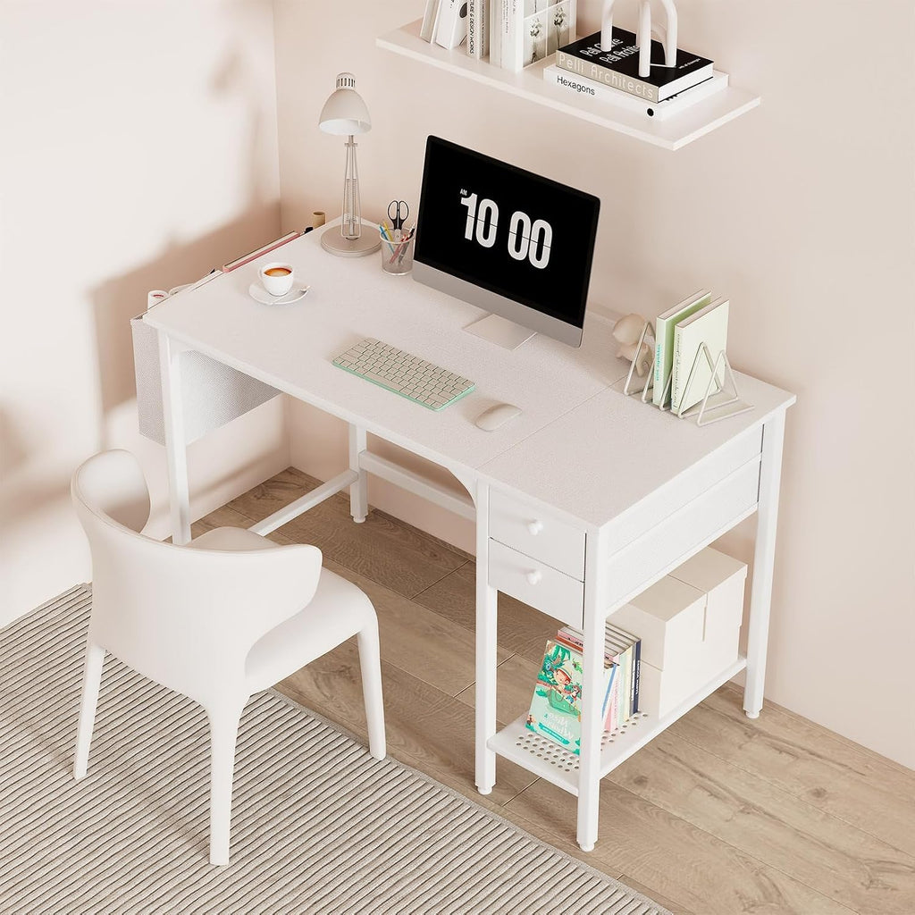 Lufeiya White Small Desk With Drawers - 40 Inch Computer Desk For Small Space Home Office, Modern Simple Study Writing Table Pc Desks