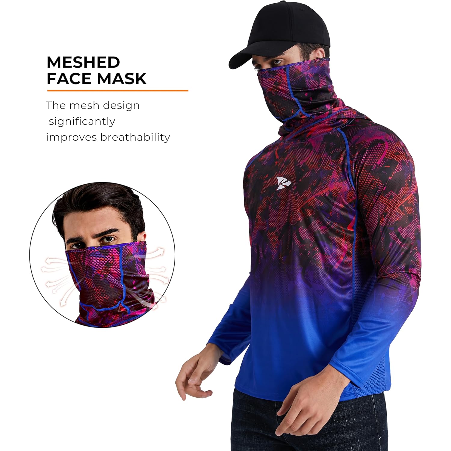 Rodeel Upf 50+ Men’S Long Sleeve Performance Fishing Hiking Shirt With Mask Uv Neck Gaiter Hoodie