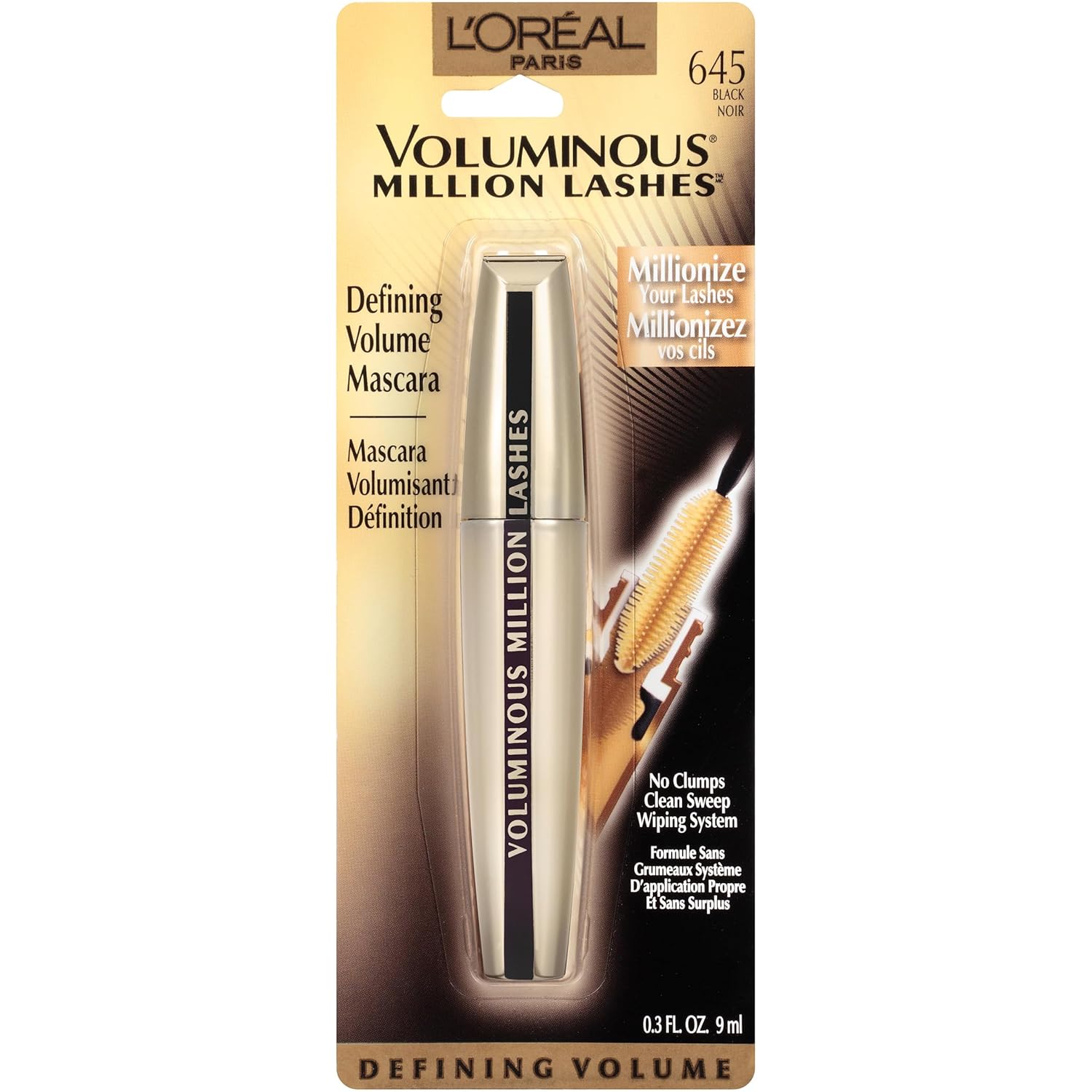 L’Oreal Paris Makeup Voluminous Million Lashes Mascara, Volumizing Collagen Infused Eye Makeup, Amplifying Mascara Brush, Washable, Black, 0.30 Fl Oz., 1 Count