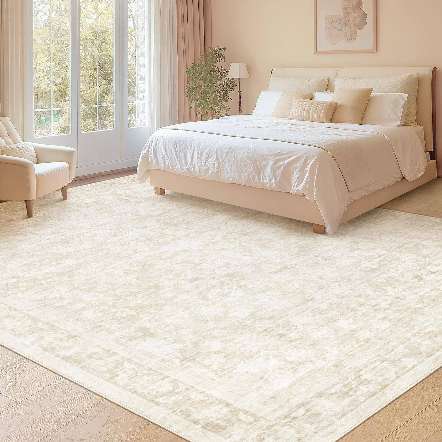 8X10 Area Rugs For Living Room: Washable Large Vintage Floral Rug Low Pile Non-Slip Boho Carpet For Bedroom Dining Home Office (Beige, 8'X10')