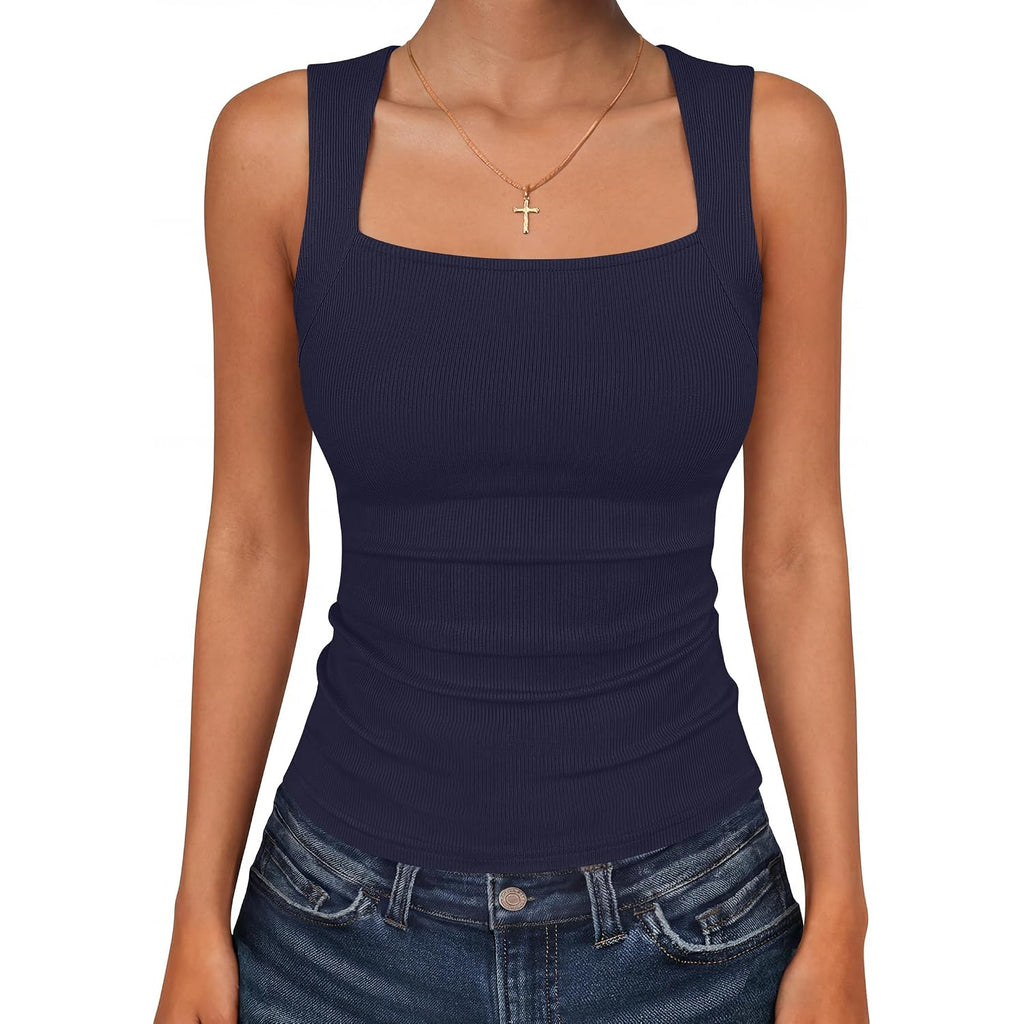 ANRABESS Women’s Tank Tops Square Neck Thick Straps Sleeveless Summer Slim Fit Shirts Knit Basic Tee Work & Vacation Clothes