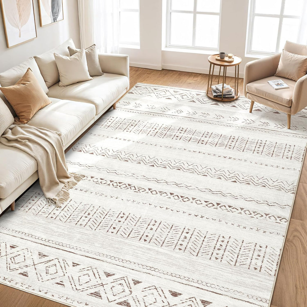 cotiled 5x7 Area Rug Living Room: Washable Boho Rugs with Non Slip Backing Large Soft Indoor Stain Resistant Carpet for Bedroom Farmhouse Dining Room Lightweight Home Decor L Brown/Cream